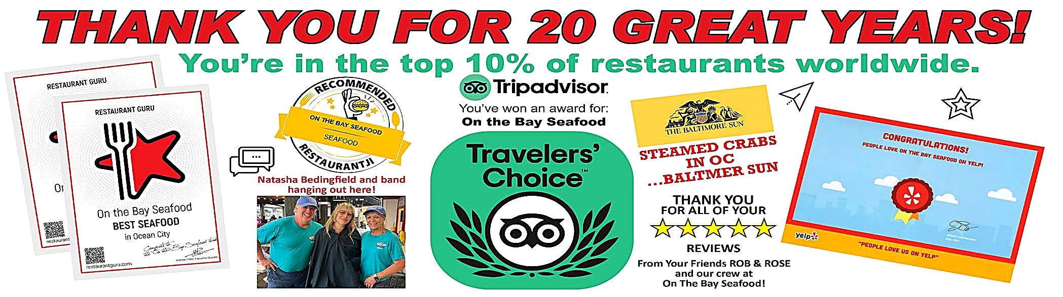 Thank you for 20 great years &mdash; On The Bay Seafood awards: TripAdvisor Travelers' Choice, Restaurant Guru Best Seafood, Baltimore Sun, Yelp