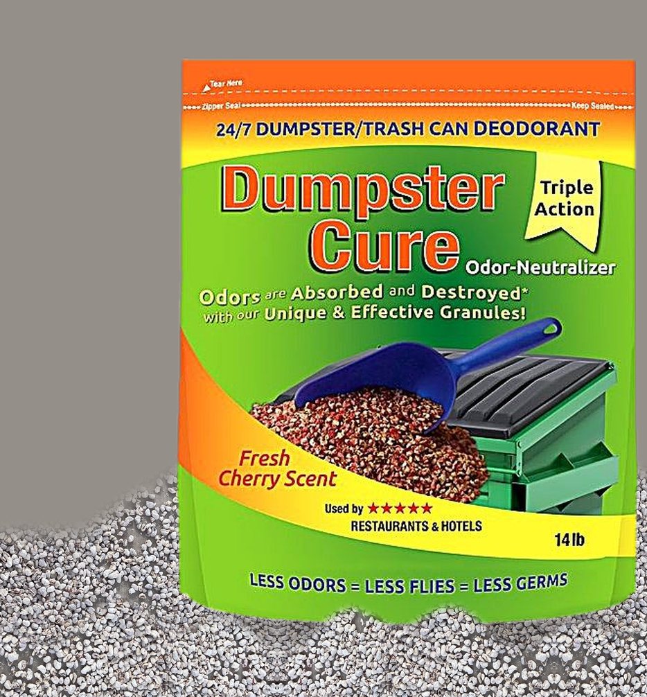 Dumpster Cure bag sitting in its odor control granules