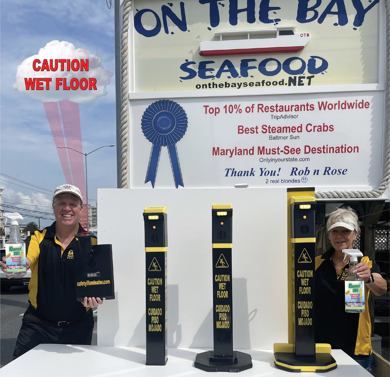 Rob and Rose with three Safety Illuminator smart cones in front of their On the Bay Seafood sign